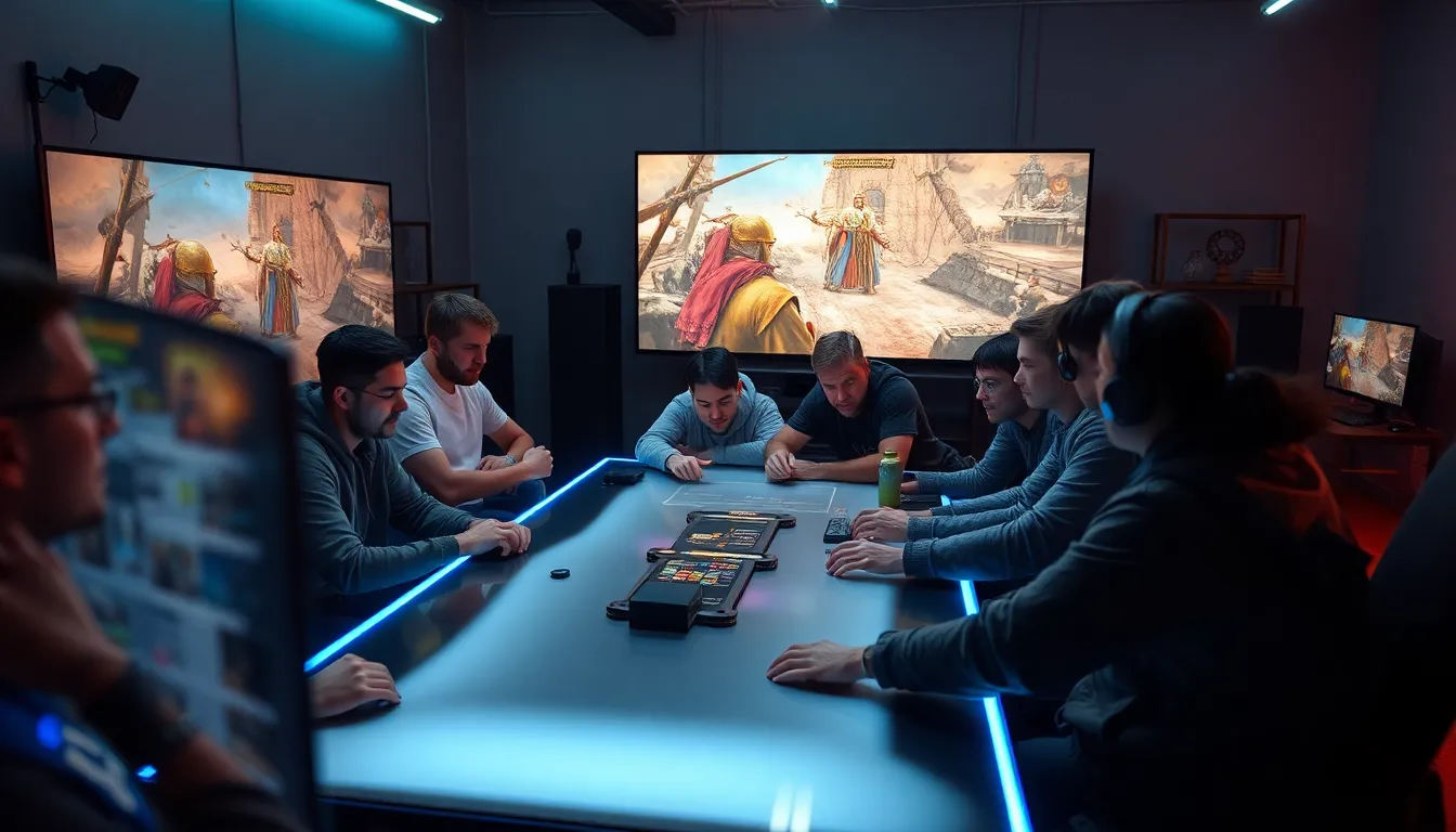 diverse gamers engaged in a strategy session in a modern gaming studio.