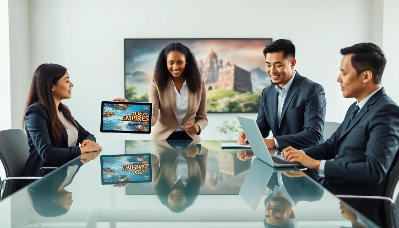 diverse team discussing Age of Empires mobile game in a modern office.