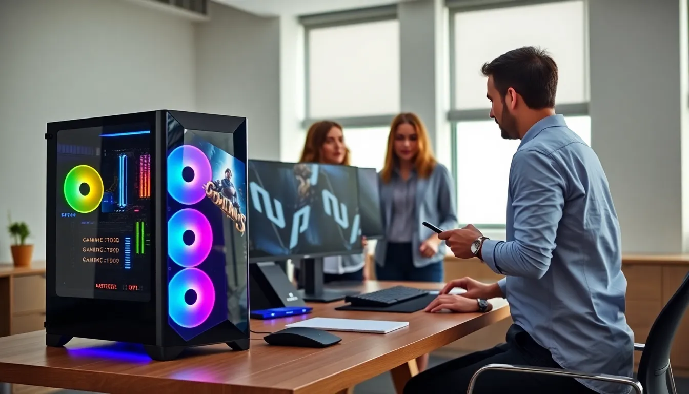 diverse team around a budget gaming PC in a modern workspace.